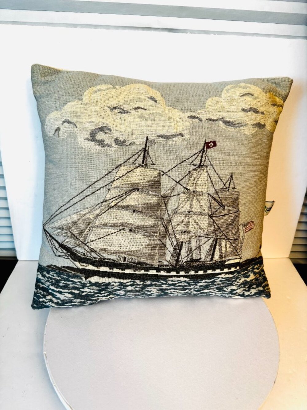 Vtg Woven Tapestry Sailing Ship Throw Pillow 16x16" Riverdale Accent Nautical